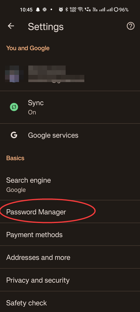 Click on Password Manager in Chrome mobile setting 