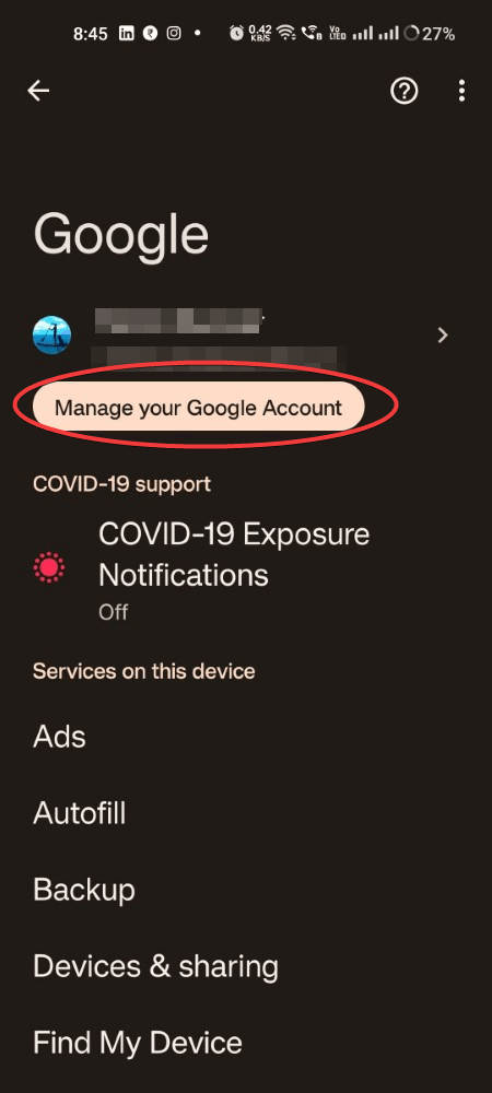 Click on Manage Your Google Account in Android mobile