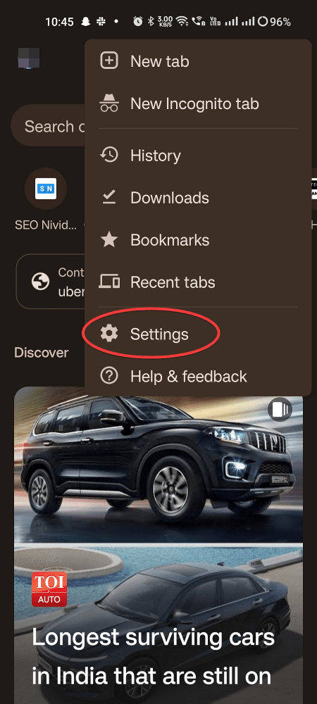 Tap three dots for Settings on Google Chrome app for Android 